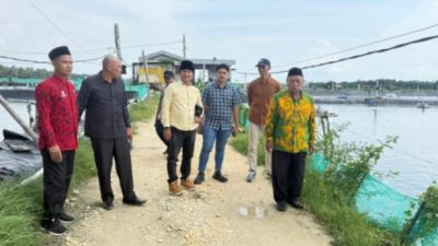 MEMANTAU: Pansus Komisi III DPRD Sumenep melaksanakan sidak ke sejumlah tambak udang.